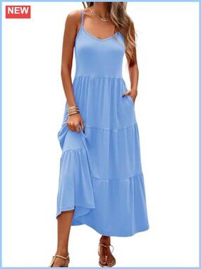 Women's Sleeveless Maxi Sundress with Pockets Flowy Summer Beach Dress